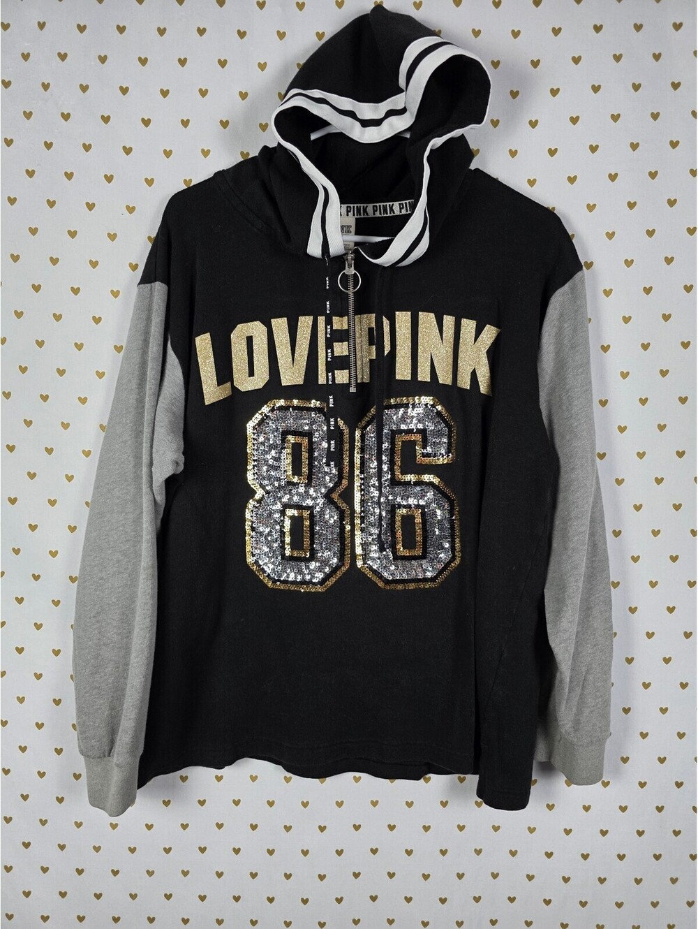 Victorias Secret Pink Bling 86 Hooded Quarter Zip Sequined Logo Sweater
